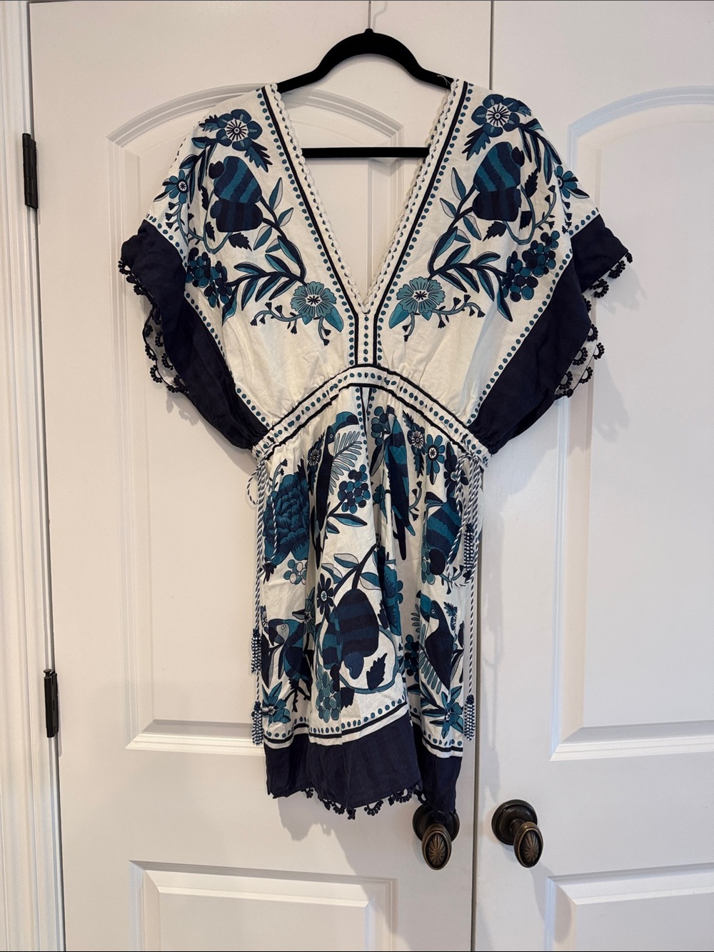 Farm Rio Tropical Tiles Linen-Blend V-Neck Midi Dress L